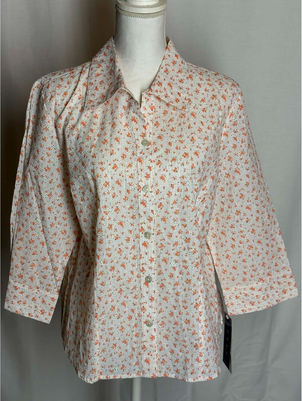 Vintage Koret City Blues Floral Button Up Blouse Top Orange White Cotton NWT Lrg